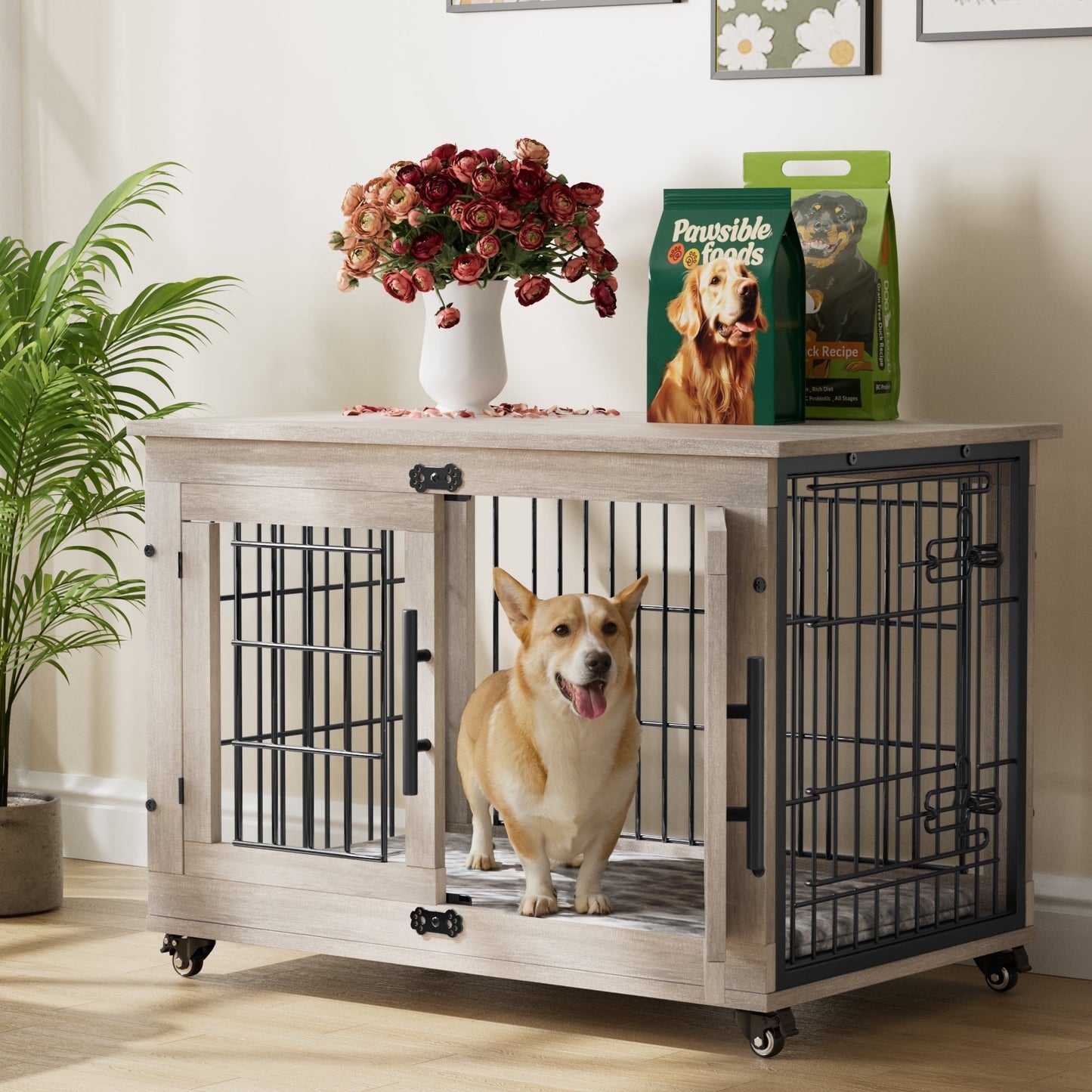 LainTene Dog Crate Furniture, Dog Kennels for Inside with Pads and Wheels, Heavy Duty Pet House for Small Medium Dogs, Gray