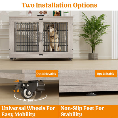 Laintene Dog Crate Furniture, Indoor Dog Kennels with Wheels and Pads, Pet House for XL Dogs, Gray