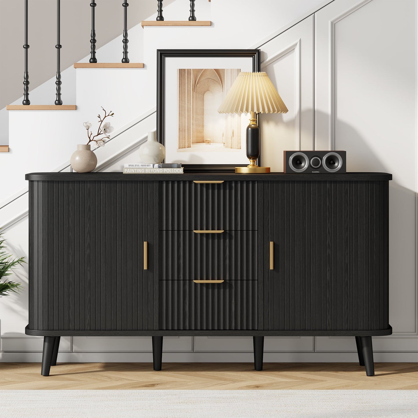 Laintene Sideboard with 3 Drawer, 55" Buffet Cabinet with 2 Sliding Tambour Doors, Modern Fluted Storage Cabinet for Kitchen, Living Room, Hallway, Black