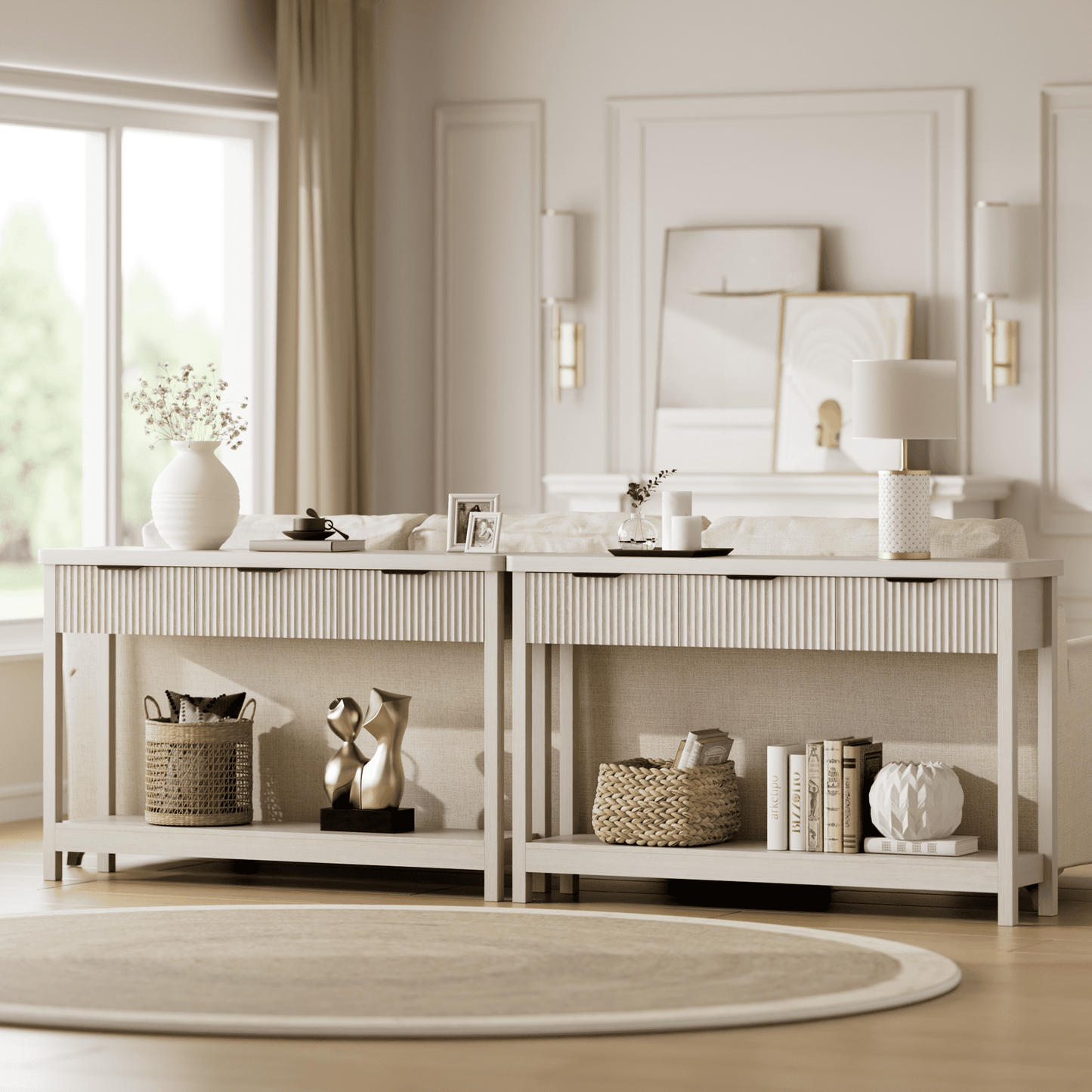 Laintene Console Table for Entryway, 51" Fluted Sofa Table with 3 Drawers and Open Shelf, Modern Narrow Display Shelf for Hallway Living Room, White Oak Set of 2