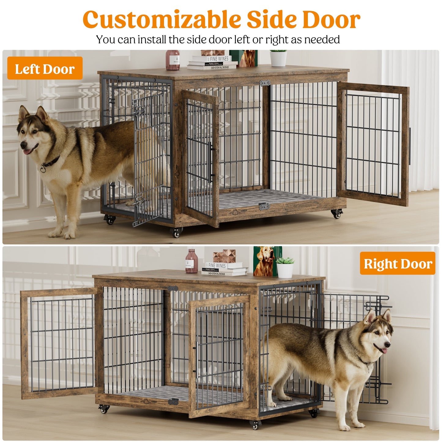 Laintene Dog Crate Furniture, Indoor Dog Kennels with Wheels and Pads, Pet House for XL Dogs, Gray