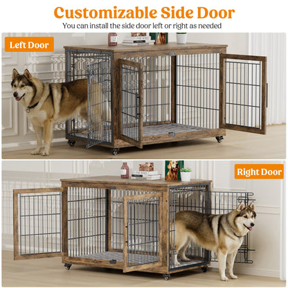 Laintene Dog Crate Furniture, Indoor Dog Kennels with Wheels and Pads, Pet House for XL Dogs, Gray