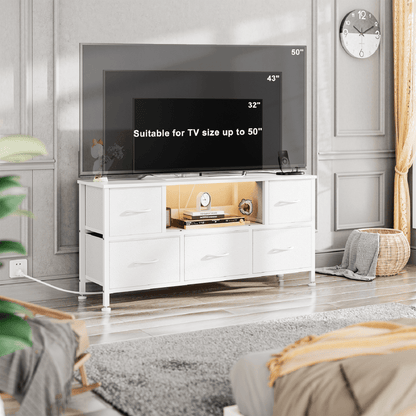 TV Stand Dresser with Power Outlets and LED Lights, 5 Drawer Console for 50 Inch TV, Dresser for Bedroom, Closet, Hallway
