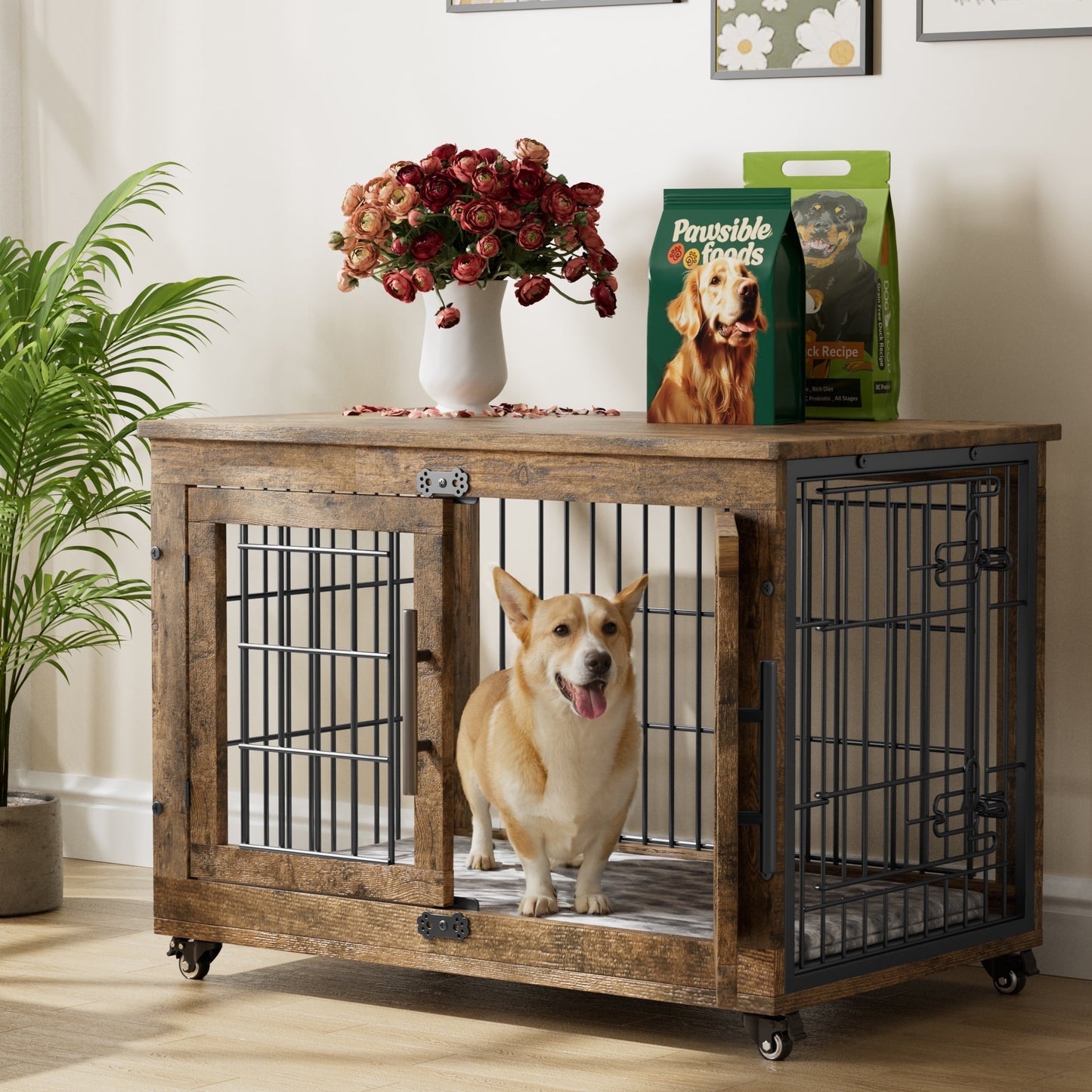 LainTene Dog Crate Furniture, Dog Kennels for Inside with Pads and Wheels, Heavy Duty Pet House for Small Medium Dogs, Browm