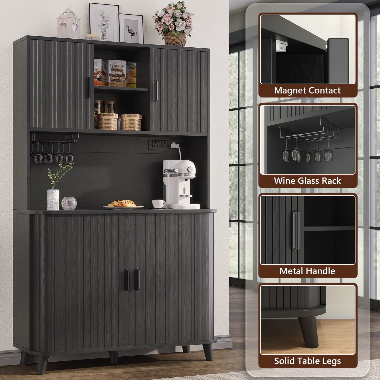Laintene Kitchen Pantry Cabinet with Wine Rack, Storage Cabinet with Tambour Sliding Doors, Bar Cabinet with Glass Holder, Pantry Storage for Living Room, Kitchen, Entryway, Black