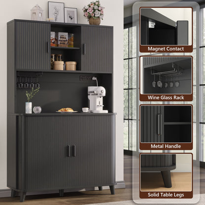 Laintene Kitchen Pantry Cabinet with Wine Rack, Storage Cabinet with Tambour Sliding Doors, Bar Cabinet with Glass Holder, Pantry Storage for Living Room, Kitchen, Entryway, Black