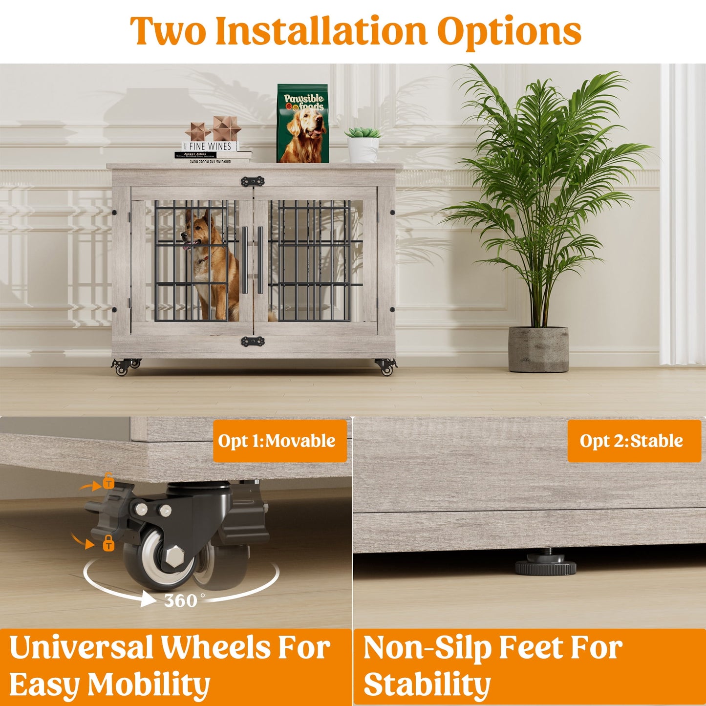 LainTene Dog Crate Furniture, Dog Kennels for Inside with Pads and Wheels, Heavy Duty Pet House for Small Medium Dogs, Gray