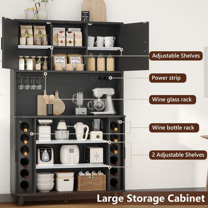 Laintene Kitchen Pantry Cabinet with Wine Rack, Storage Cabinet with Tambour Sliding Doors, Bar Cabinet with Glass Holder, Pantry Storage for Living Room, Kitchen, Entryway, Black