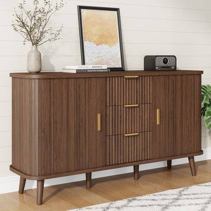 Laintene Sideboard with 3 Drawer, 55" Buffet Cabinet with 2 Sliding Tambour Doors, Modern Fluted Storage Cabinet for Kitchen, Living Room, Hallway, Walnut