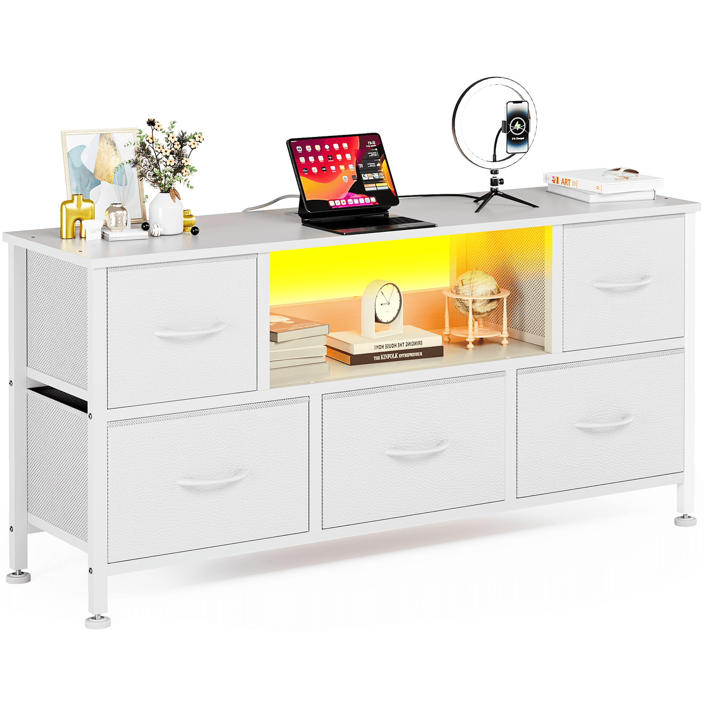 TV Stand Dresser with Power Outlets and LED Lights, 5 Drawer Console for 50 Inch TV, Dresser for Bedroom, Closet, Hallway