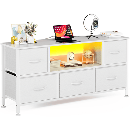 TV Stand Dresser with Power Outlets and LED Lights, 5 Drawer Console for 50 Inch TV, Dresser for Bedroom, Closet, Hallway