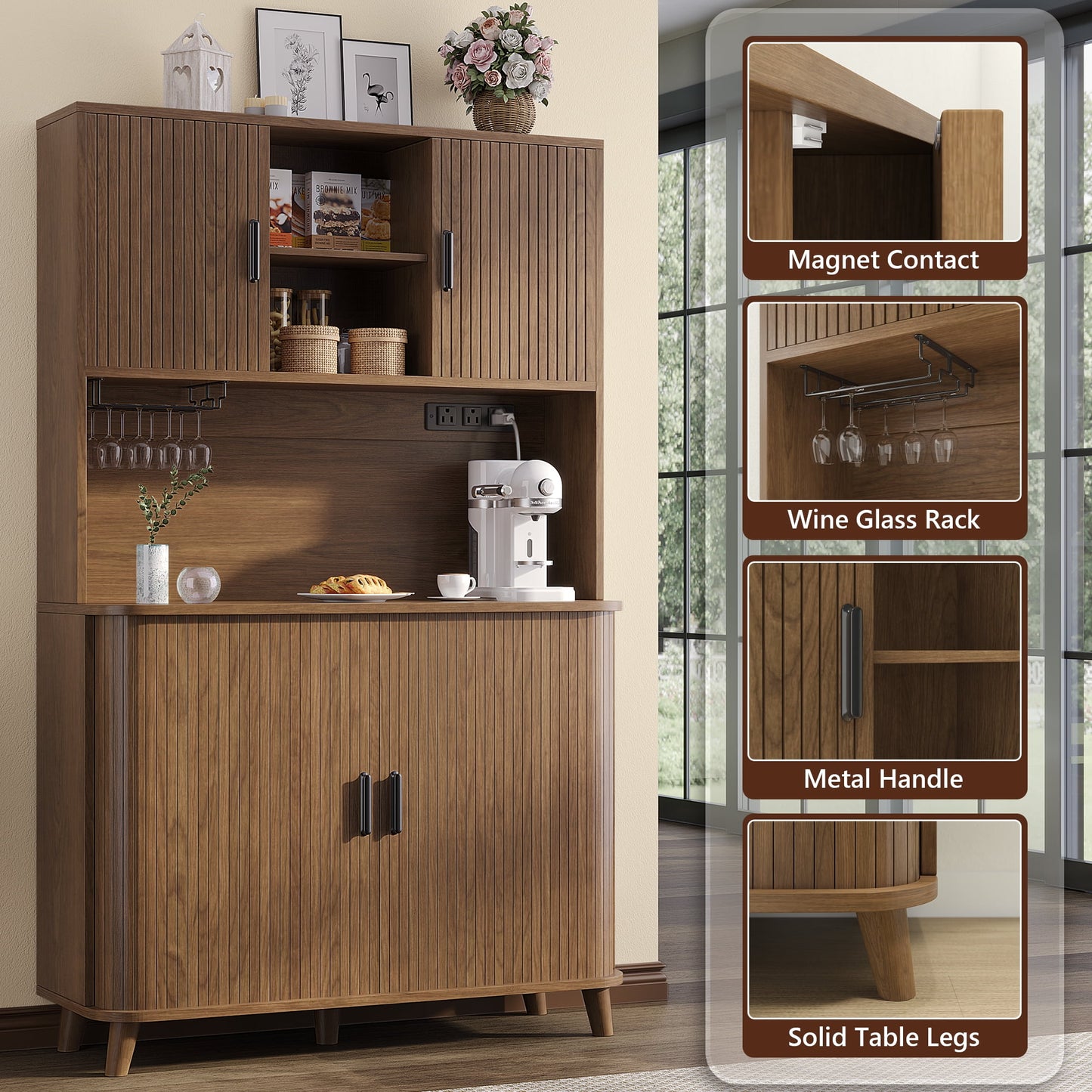 Laintene Kitchen Pantry Cabinet with Wine Rack, Storage Cabinet with Tambour Sliding Doors and Outlet, Bar Cabinet with Glass Holder, Pantry Storage for Living Room, Kitchen, Entryway, Walnut