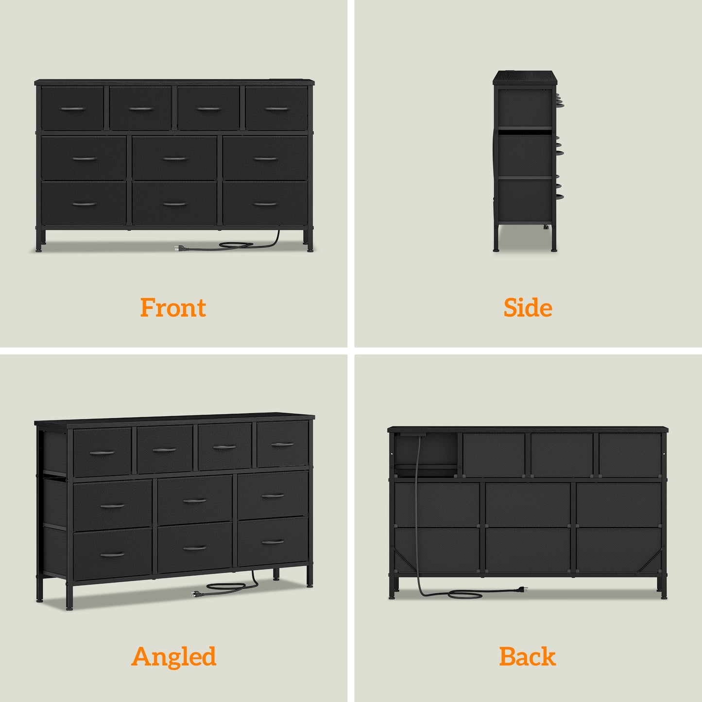 Laintene Dresser for Bedroom, TV Stand for 50" Long TV with Power Outlet, 10 Drawer Dresser for Closet, Fabric Chest of Drawers Entertainment Center for Living Room, Hallway, Entryway, PU Black