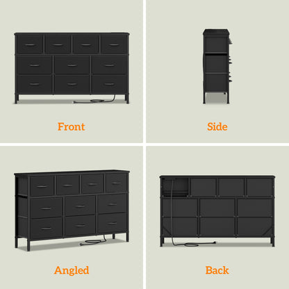 Laintene Dresser for Bedroom, TV Stand for 50" Long TV with Power Outlet, 10 Drawer Dresser for Closet, Fabric Chest of Drawers Entertainment Center for Living Room, Hallway, Entryway, PU Black