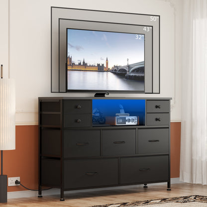 Laintene Bedroom Dresser with LED Lights, 9-Drawer Fabric Chest of Drawers, PU Black Dresser TV Stand with Power Outlet and Side Pocket, Wide Storage Unit for up to 50" TV