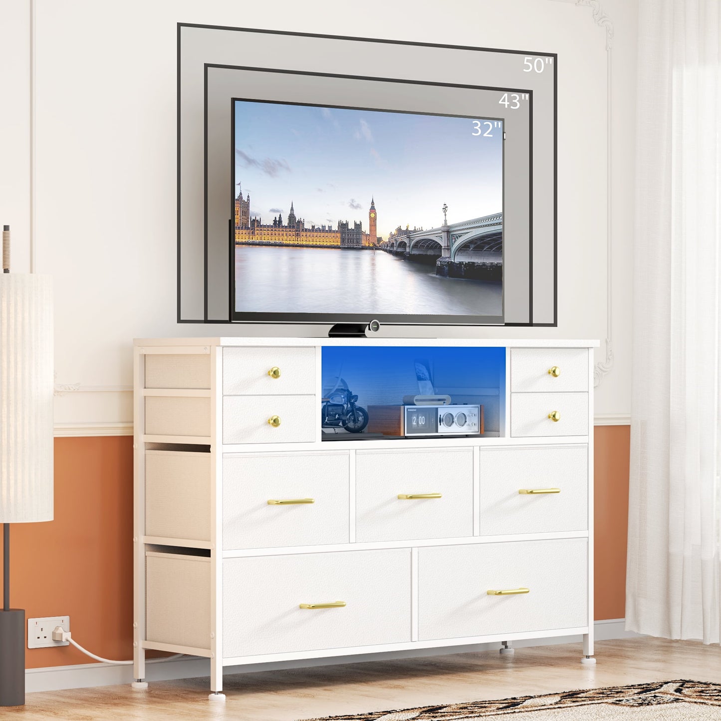 Laintene Bedroom Dresser with LED Lights, 9-Drawer Fabric Chest of Drawers, White Dresser TV Stand with Power Outlet and Side Pocket, Wide Storage Unit for up to 50" TV