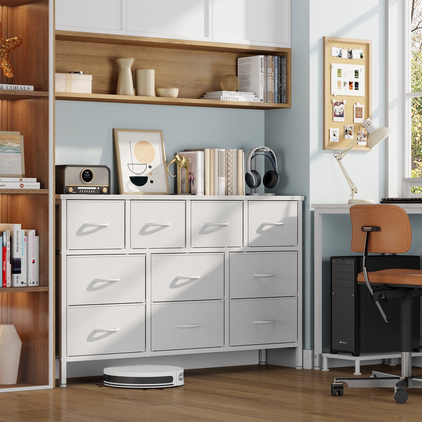 Laintene Dresser for Bedroom, TV Stand for 50" Long TV with Power Outlet, 10 Drawer Dresser for Closet, Fabric Chest of Drawers Entertainment Center for Living Room, Hallway, Entryway, White