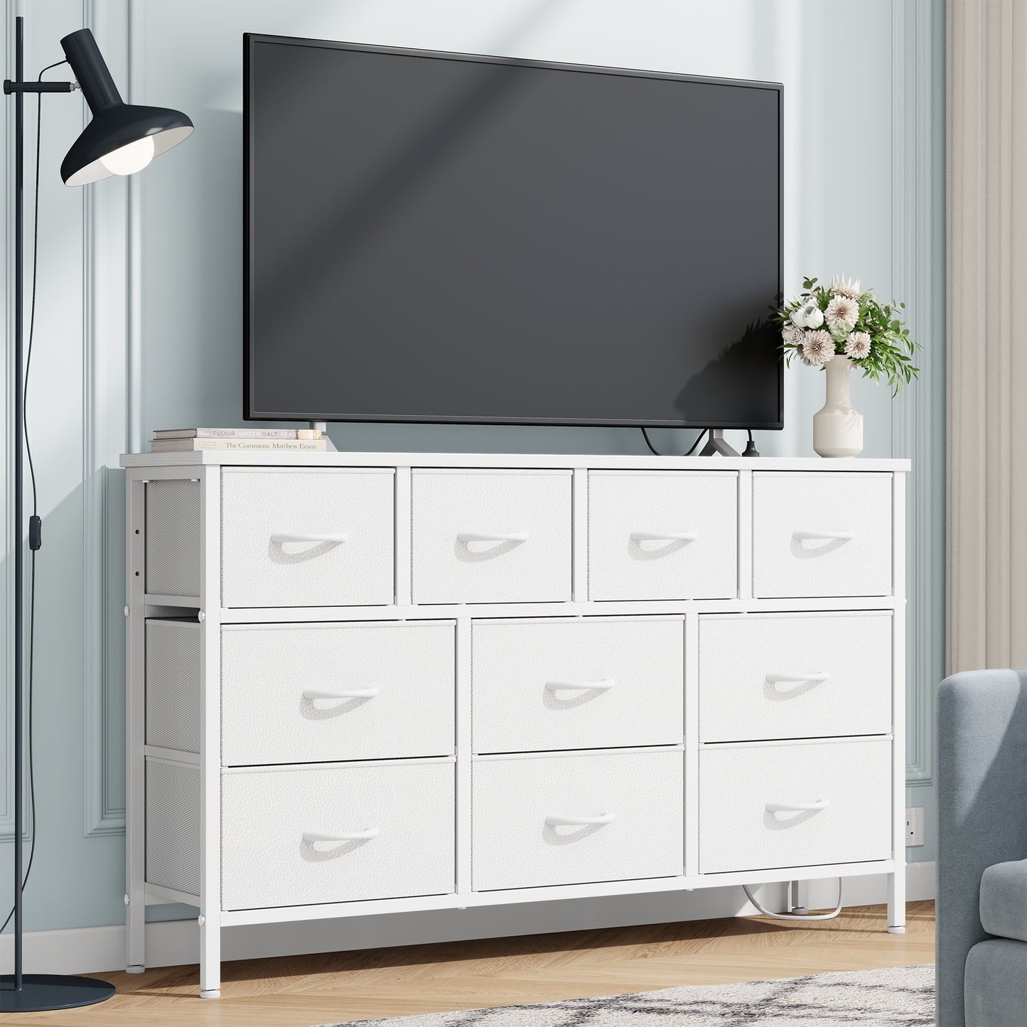 Laintene Dresser for Bedroom, TV Stand for 50" Long TV with Power Outlet, 10 Drawer Dresser for Closet, Fabric Chest of Drawers Entertainment Center for Living Room, Hallway, Entryway, White