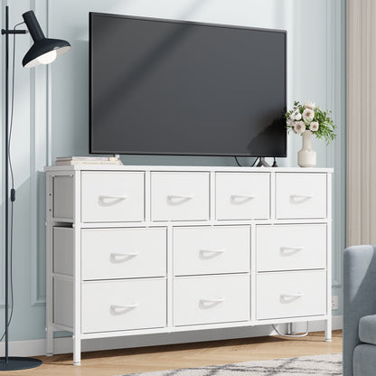 Laintene Dresser for Bedroom, TV Stand for 50" Long TV with Power Outlet, 10 Drawer Dresser for Closet, Fabric Chest of Drawers Entertainment Center for Living Room, Hallway, Entryway, White