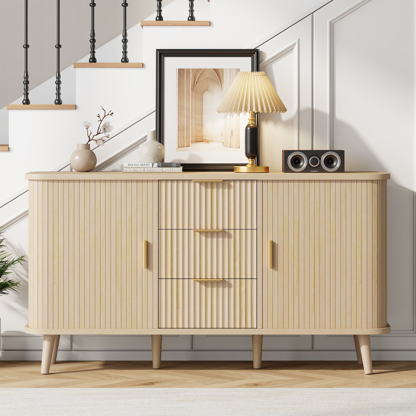Laintene Sideboard with 3 Drawer, 55" Buffet Cabinet with 2 Sliding Tambour Doors, Modern Fluted Storage Cabinet for Kitchen, Living Room, Hallway, Natural Oak