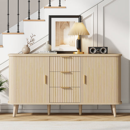Laintene Sideboard with 3 Drawer, 55" Buffet Cabinet with 2 Sliding Tambour Doors, Modern Fluted Storage Cabinet for Kitchen, Living Room, Hallway, Natural Oak