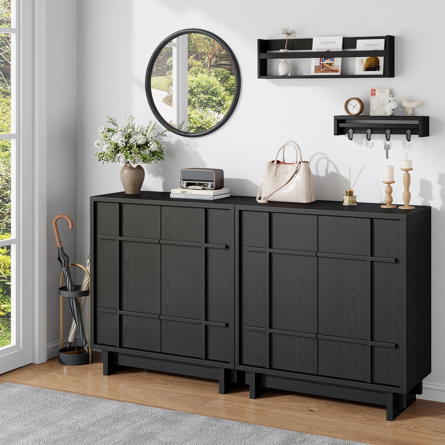 Laintene Buffet Cabinet with Skeletal Lines Doors, Sideboard Storage Cabinet with Adjustable Shelves for Kitchen, Wood Accent Cabinet TV Stands for Living Room, Black Set of 3