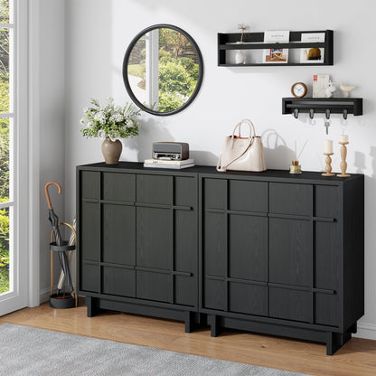 Laintene Buffet Cabinet with Skeletal Lines Doors, Sideboard Storage Cabinet with Adjustable Shelves for Kitchen, Wood Accent Cabinet TV Stands for Living Room, Black Set of 3