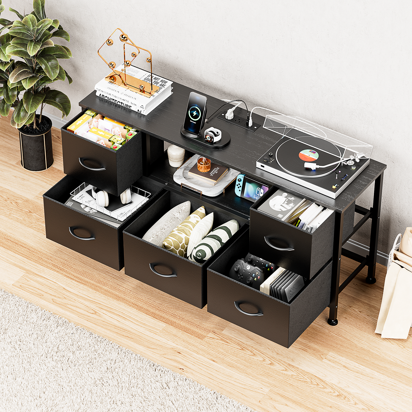 TV Stand Dresser with Power Outlets and LED Lights, 5 Drawer Console for 50 Inch TV, Dresser for Bedroom, Closet, Hallway
