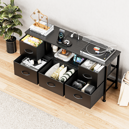 TV Stand Dresser with Power Outlets and LED Lights, 5 Drawer Console for 50 Inch TV, Dresser for Bedroom, Closet, Hallway