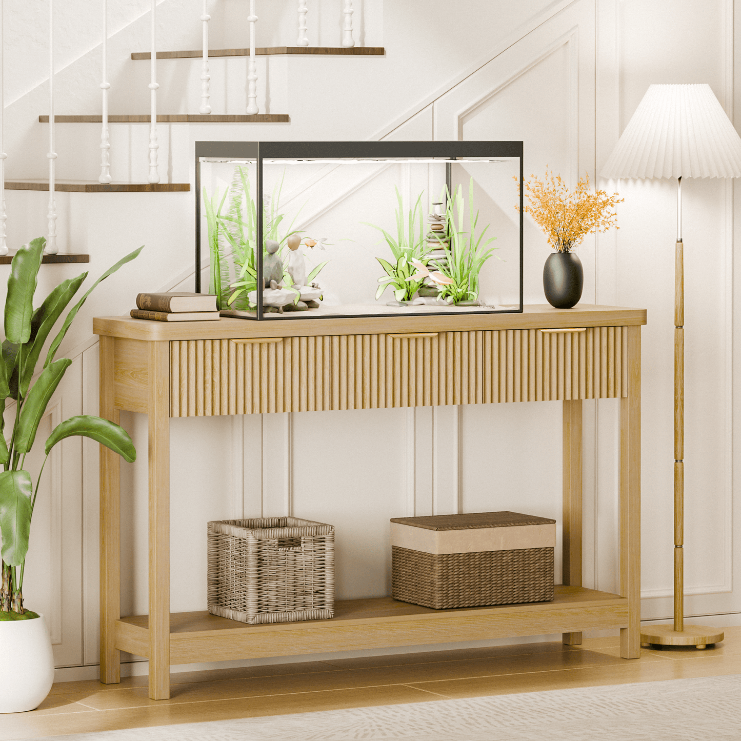 Laintene Console Table for Entryway, 51" Fluted Sofa Table with 3 Drawers and Open Shelf, Modern Narrow Display Shelf for Hallway Living Room, Natural Oak Set of 2