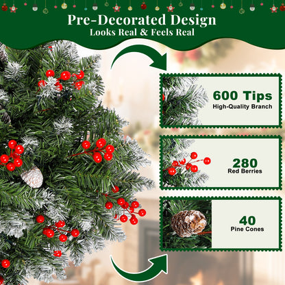 Laintene 6FT Pre-Lit Slim Pencil Christmas Tree | 200 Warm White LED Lights, 600 Tips, 40 Pine Cones & 280 Red Berries, Hinged Design for Small Spaces