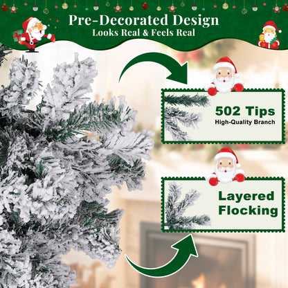 Laintene 6FT Pre-Lit Flocked Pencil Christmas Tree with 600 Tips & 200 Colored Lights, Slim Artificial Xmas Tree for Small Spaces, Metal Stand, White
