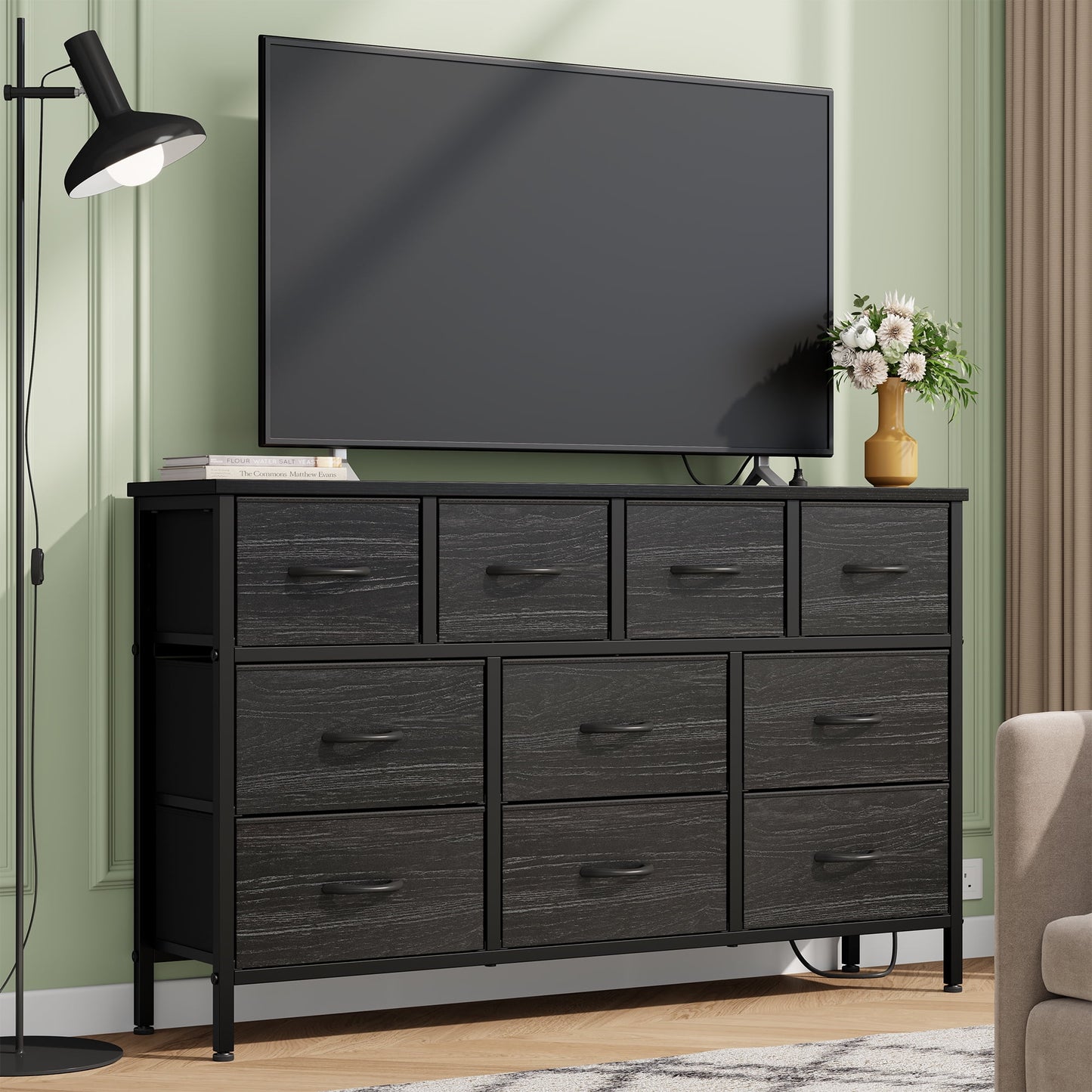 Laintene Dresser for Bedroom, TV Stand for 50" Long TV with Power Outlet, 10 Drawer Dresser for Closet, Fabric Chest of Drawers Entertainment Center for Living Room, Hallway, Entryway, Black