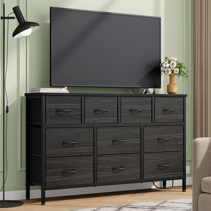 Laintene Dresser for Bedroom, TV Stand for 50" Long TV with Power Outlet, 10 Drawer Dresser for Closet, Fabric Chest of Drawers Entertainment Center for Living Room, Hallway, Entryway, Black
