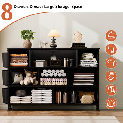 Laintene 8 Drawer Dresser, Black Dresser with Power Outlets LED Lights, Fabric Dressers for Bedroom TV Stand with Side Pocket, Chest of Drawers for up to 50" TV