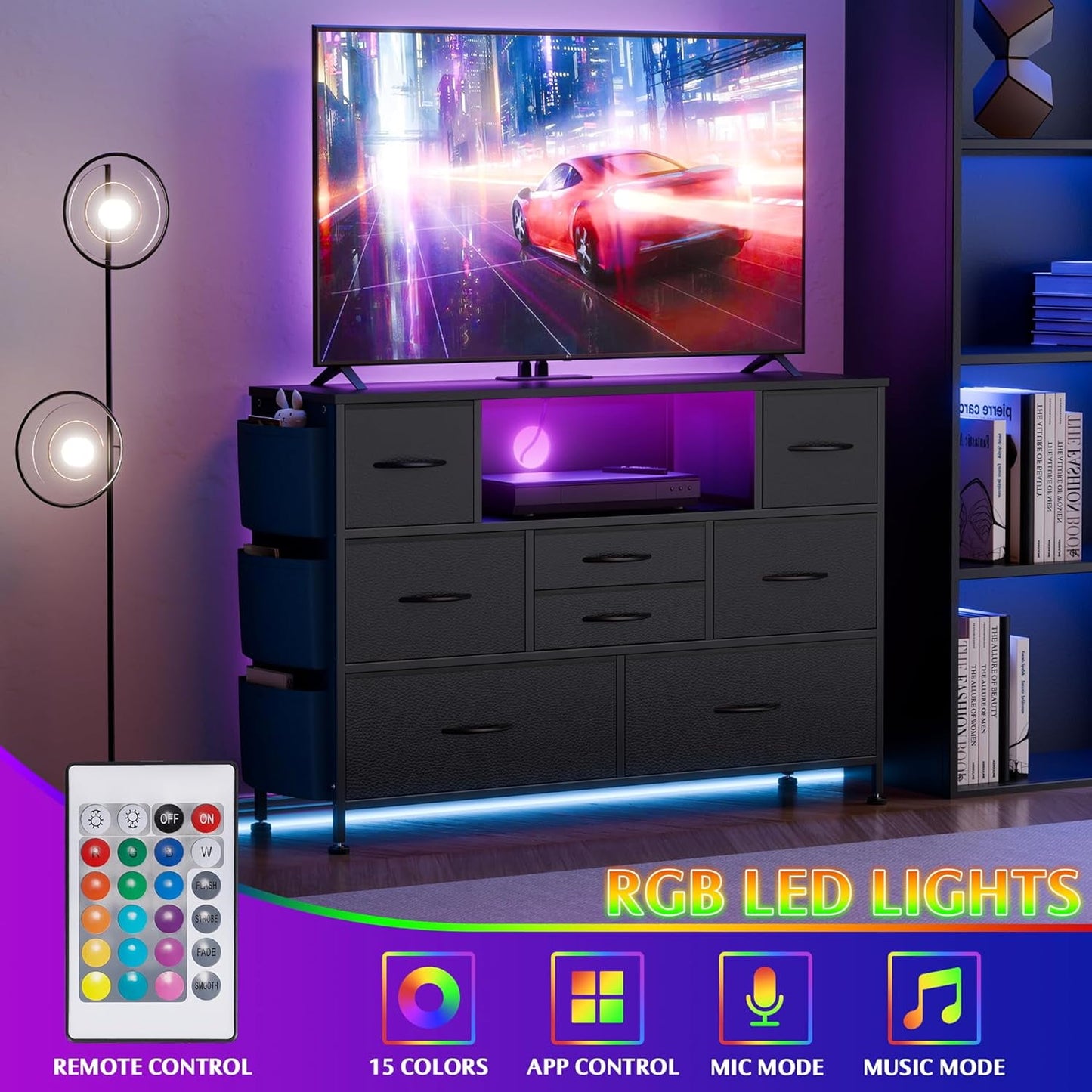 Laintene 8 Drawer Dresser, Black Dresser with Power Outlets LED Lights, Fabric Dressers for Bedroom TV Stand with Side Pocket, Chest of Drawers for up to 50" TV