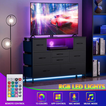 Laintene 8 Drawer Dresser, Black Dresser with Power Outlets LED Lights, Fabric Dressers for Bedroom TV Stand with Side Pocket, Chest of Drawers for up to 50" TV