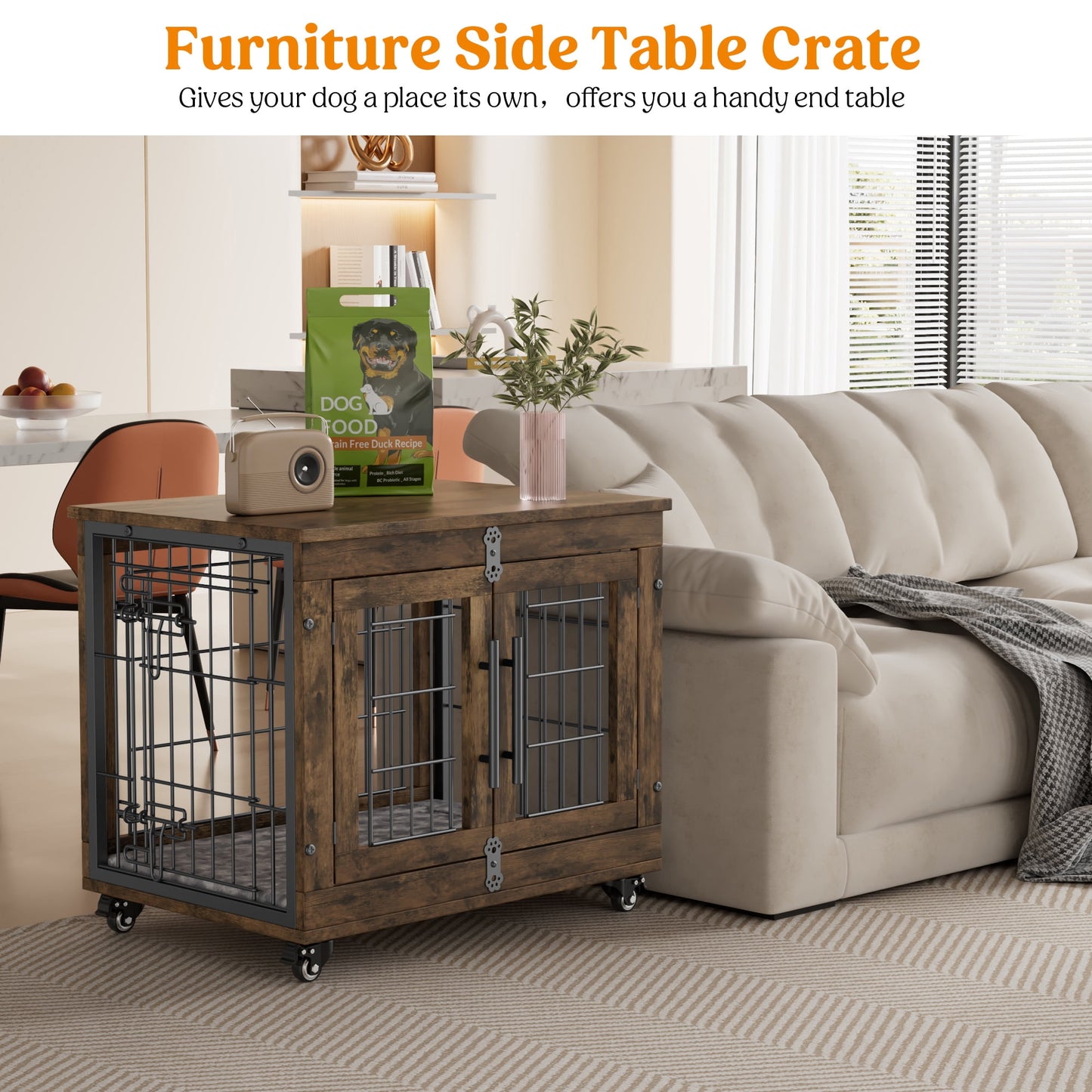 LainTene Wooden Dog Crate Furniture, Double Doors Dog Kennels for Inside with Pads and Wheels, Heavy Duty Dog Cage for Small Dogs, Brown