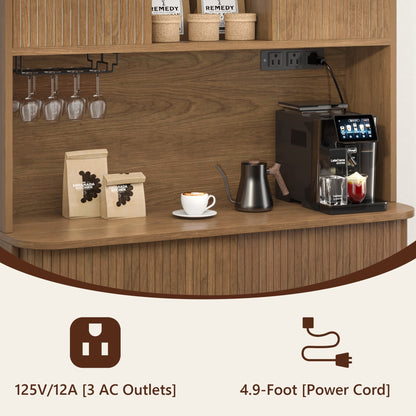 Laintene Kitchen Pantry Cabinet with Wine Rack, Storage Cabinet with Tambour Sliding Doors and Outlet, Bar Cabinet with Glass Holder, Pantry Storage for Living Room, Kitchen, Entryway, Walnut