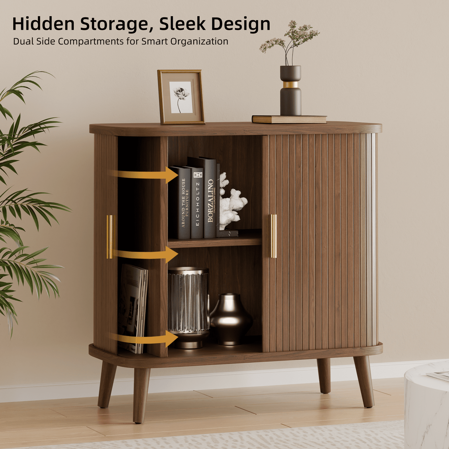 Laintene Sideboard Buffet Cabinet, Storage Cabinet with Sliding Door & Adjustable Shelf, Fluted Accent Coffee Bar for Kitchen, Entryway, Walnut