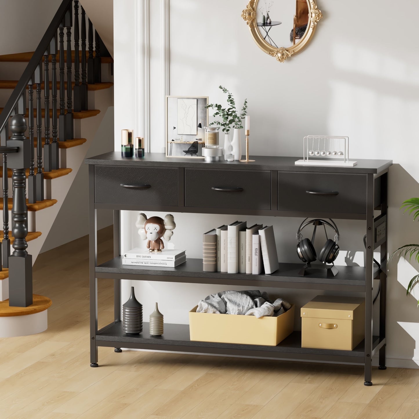 Valu4me 43.3" Console Table with Power Outlets & USB Ports, Narrow Sofa Table with 3 Fabric Drawers for Hallway, Foyer, Living Room, Black