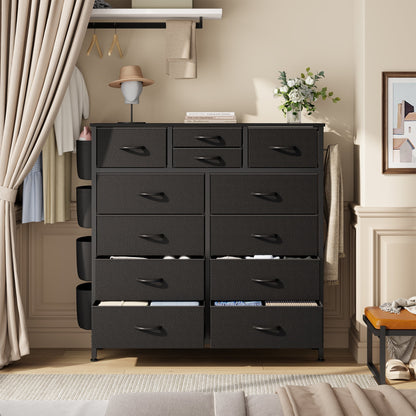 Dresser with 12 Fabric Drawer Stand Desktop Storage Cabinet for Bedroom Organization, Dorm, Front Hall Entryway, Black PU