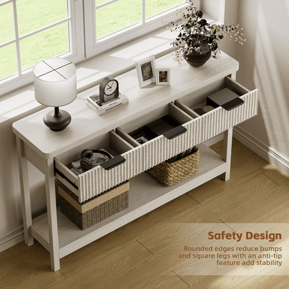 Laintene Fluted Console Table, 51" Narrow Entryway Table with 3 Drawers, Console Table Sofa Table with Storage Open Shelf, Modern Display Shelf for Hallway Living Room, White Oak