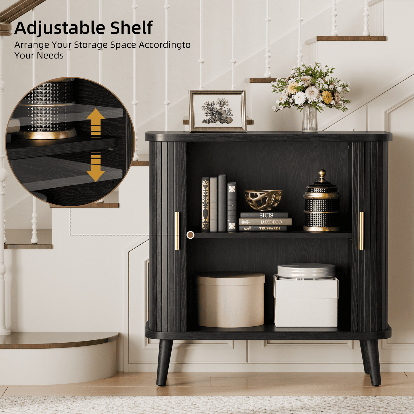 Laintene Sideboard Buffet Cabinet, Storage Cabinet with Sliding Door & Adjustable Shelf, Fluted Accent Coffee Bar for Kitchen, Entryway, Walnut Black