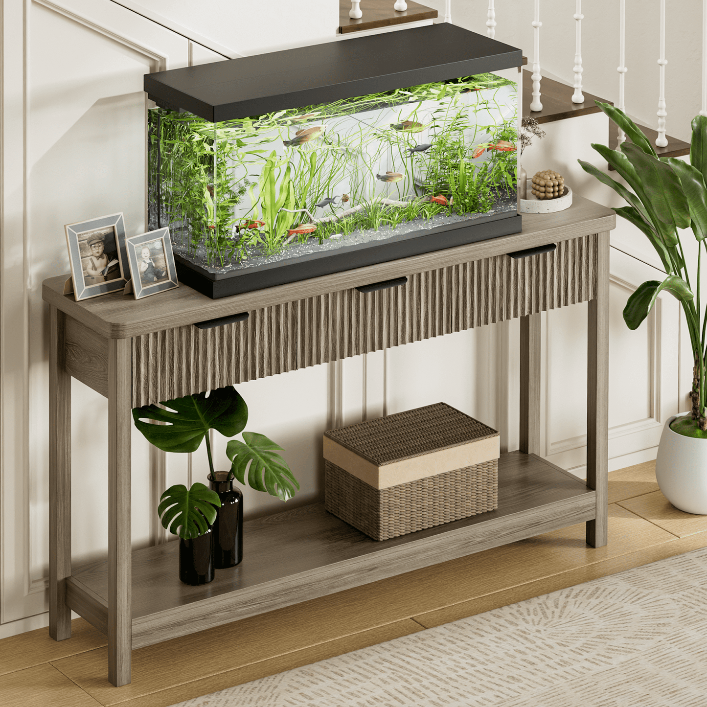 Laintene Fluted Console Table, 51" Narrow Entryway Table with 3 Drawers, Console Table Sofa Table with Storage Open Shelf, Modern Display Shelf for Hallway Living Room, Gray Oak