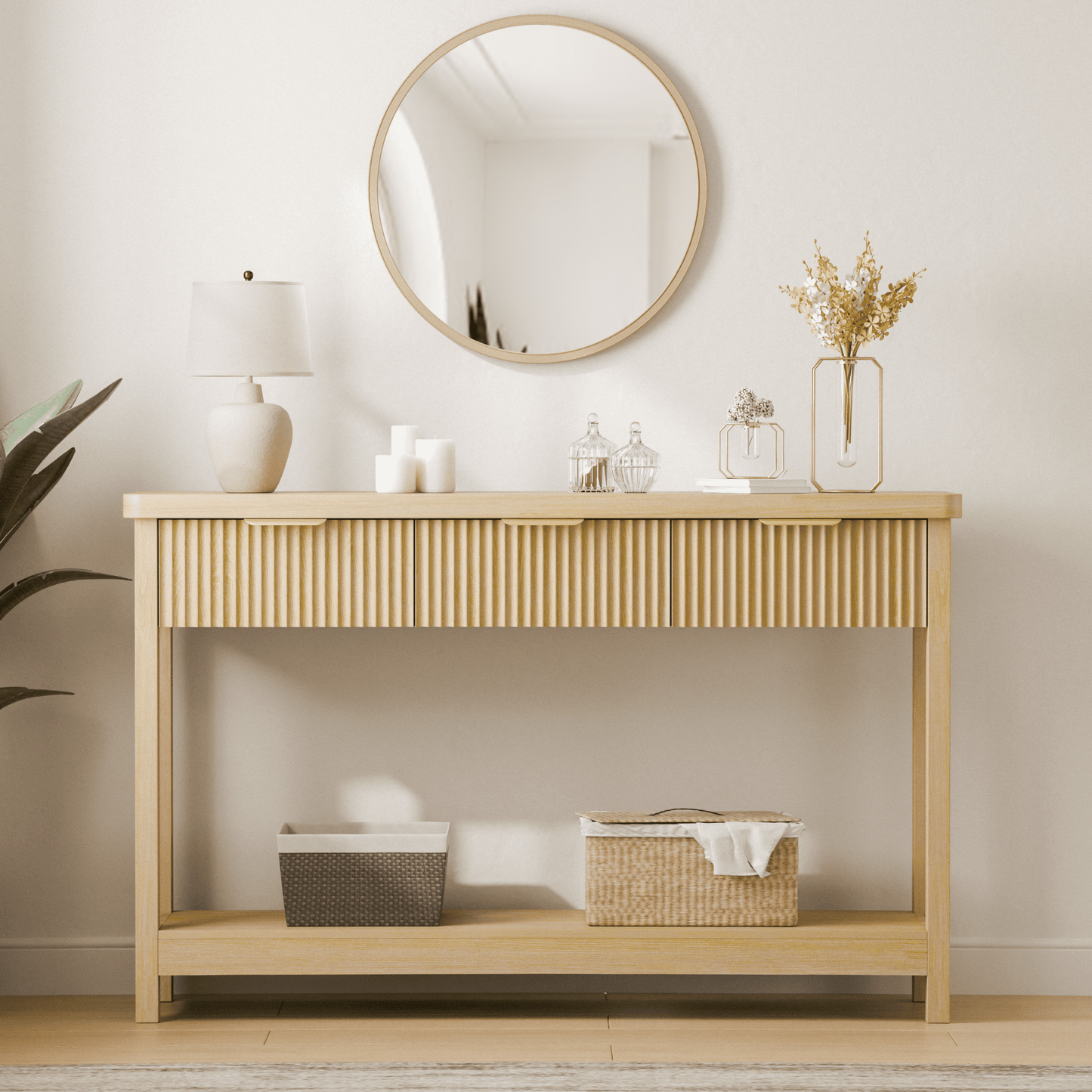 Laintene Console Table for Entryway, 51" Fluted Sofa Table with 3 Drawers and Open Shelf, Modern Narrow Display Shelf for Hallway Living Room, Natural Oak Set of 2