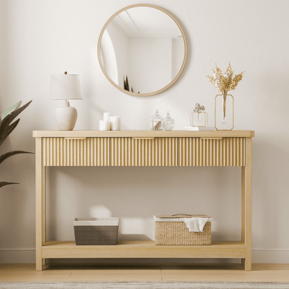 Laintene Console Table for Entryway, 51" Fluted Sofa Table with 3 Drawers and Open Shelf, Modern Narrow Display Shelf for Hallway Living Room, Natural Oak Set of 2