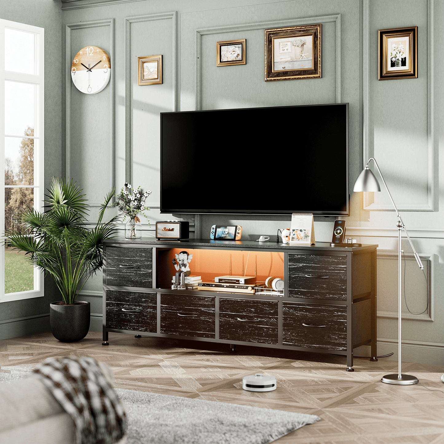 TV Stand Dresser with Power Outlets and LED Lights, 6 Drawer Console for 60 Inch TV, Dresser for Bedroom, Closet, Hallway