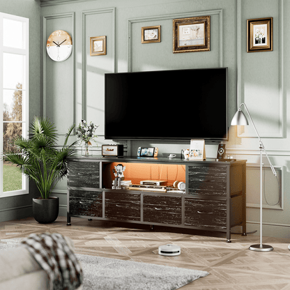 TV Stand Dresser with Power Outlets and LED Lights, 6 Drawer Console for 60 Inch TV, Dresser for Bedroom, Closet, Hallway
