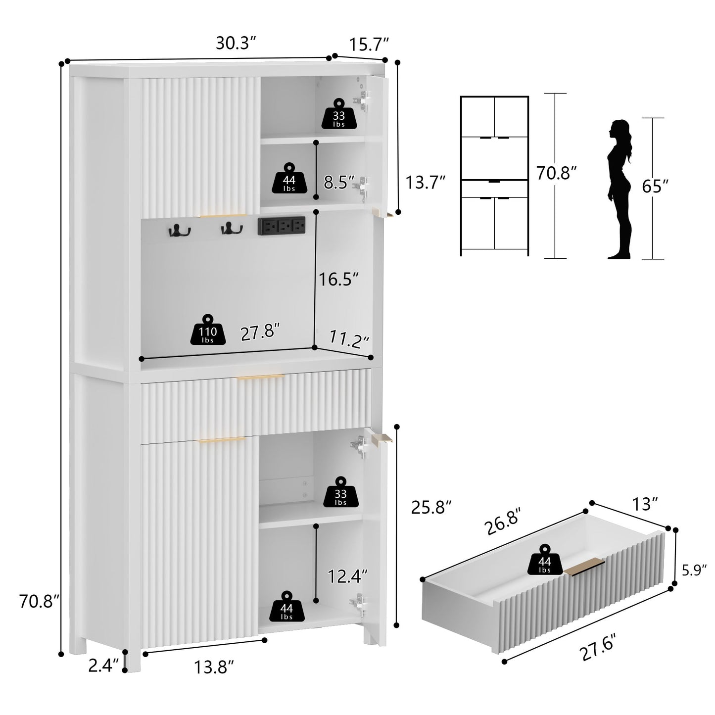 Laintene Fluted Cabinet Set - 70.8"H Pantry with Power Outlet, 55" L Sideboard with Storage Drawers, Adjustable Shelves Storage, White